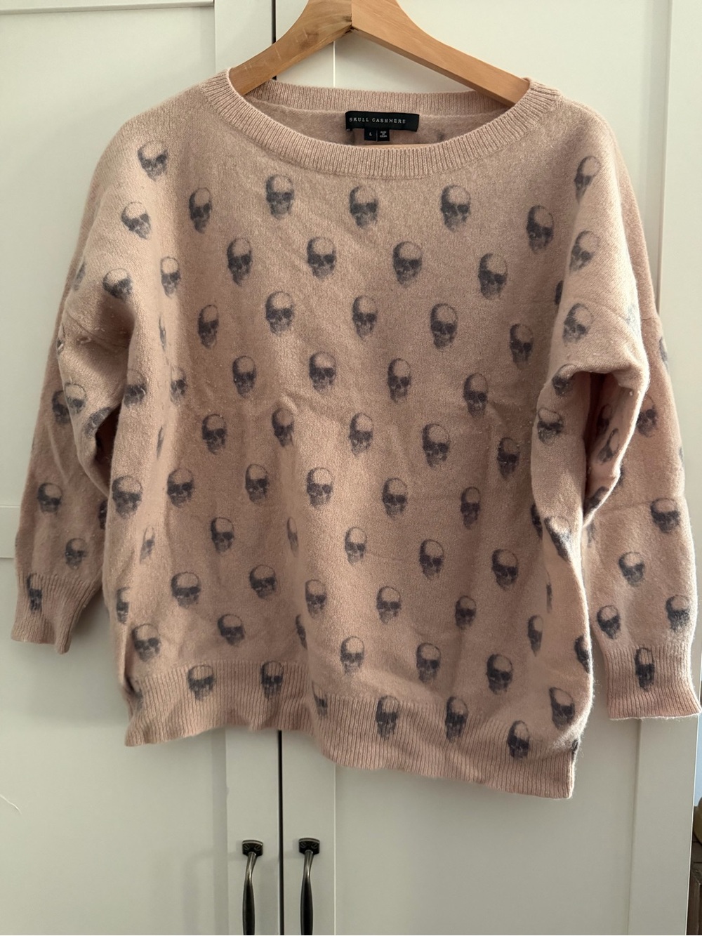 Skull Cashmere Blush Pink Crewneck Sweater with Gray Skull Motif